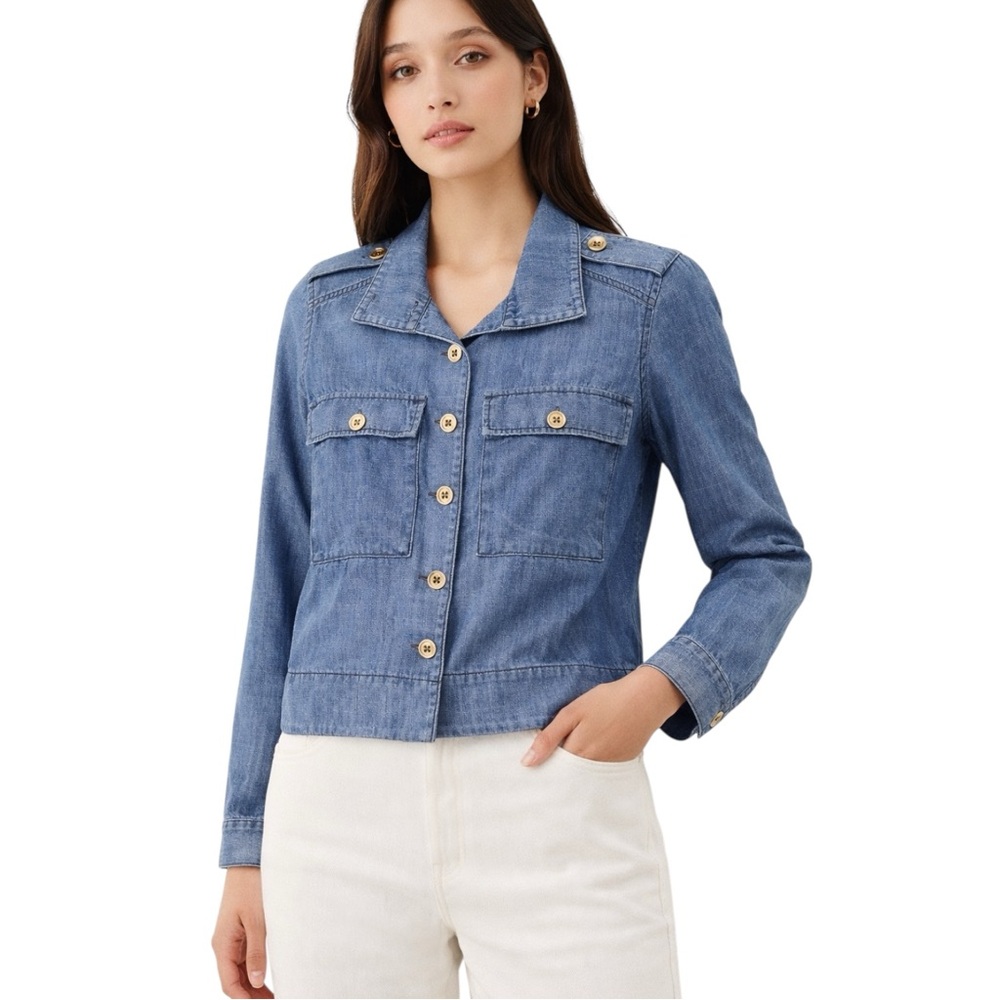 Chicos Black Label Women’s Blue Cropped Utility Jacket Sz 0-Small modernutility